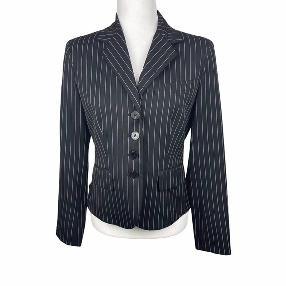 Lauren Ralph Lauren Jackets & Blazers - Lauren Ralph Lauren Black Cream Single Breast Pinstripe Blazer Peplum Back Sz 4